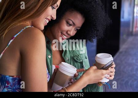 Freundinnen mit Kaffee, um mit dem Smartphone zu gehen Stockfoto