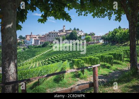 Schöne italienische Landschaft. Neive Blick auf die Stadt von Langhe, italienische Wahrzeichen. UNESCO-Weltkulturerbe Stockfoto