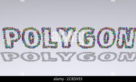 Polygon in 3D-Illustration von bunten kleinen Objekten werfen Schatten auf weißem Hintergrund geschrieben. Abstrakt und Design Stockfoto