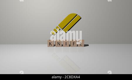 3D-Grafik-Bild von MESSER vertikal zusammen mit Text von metallischen kubischen Buchstaben aus der oberen Perspektive gebaut, ausgezeichnet für das Konzept Präsentation und Diashows. Hintergrund und Illustration Stockfoto