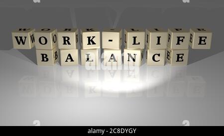 3D-Darstellung der WORK-LIFE-BALANCE mit Icon an der Wand und Text, angeordnet durch metallische kubische Buchstaben auf einem Spiegelboden für Konzeptbedeutung und Diashow-Präsentation. Illustration und Hintergrund Stockfoto