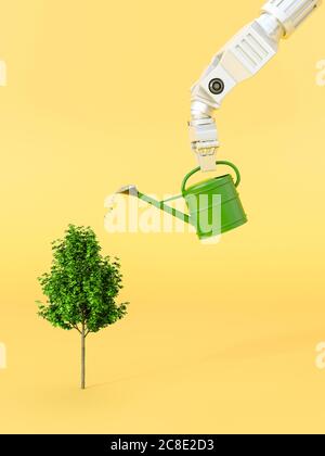 Dreidimensionales Rendern des Roboterarms, der Baum wäßt Stockfoto