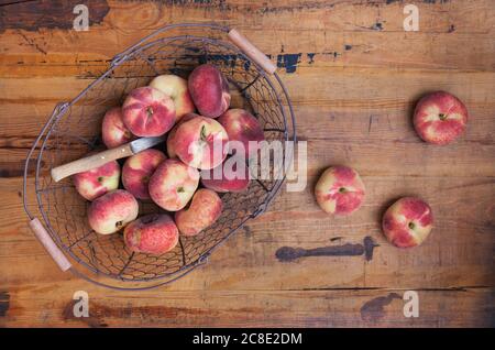 Krapfen Pfirsiche im Korb (Plattpfirsich, Prunus persica var. platycarpa) auf vintage Holzhintergrund Stockfoto