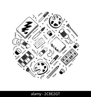 Handgezeichnete Set von kreativen Künstler-Tools Element, Pinsel, Bleistift, Farbe, Skizzenbuch, Marker. Doodle-Skizzenstil. Artist Element gezeichnet mit digitalem Stift. Vektor-Illustration für Banner, Symbol, Handwerk Design Stock Vektor