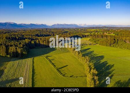 Deutschland, Bayern, Geretsried, Drohne Blick auf die grüne Waldlandschaft der Voralpen Stockfoto