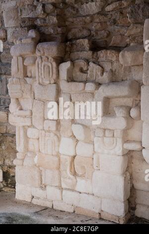 Dekorative Stuckschnitzereien in der Akropolis in den prähispanischen Ruinen der Maya-Stadt Ek Balam in Yucatan, Mexiko. Stockfoto