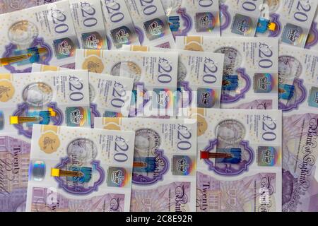 Nahaufnahme von neuen englischen £20 Noten, Greater London, England, Vereinigtes Königreich Stockfoto