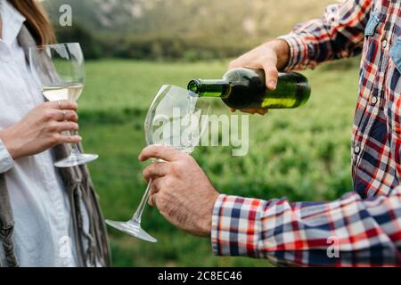 Mann, der Weißwein im Glas serviert, während er mit der Frau steht Im Weinberg Stockfoto