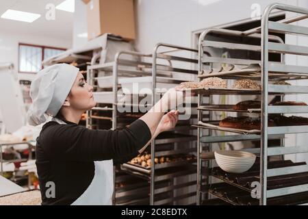 Weibliche Bäcker Einlegen Brötchen Tablett in Regal von Trolley bei Bäckerei Stockfoto