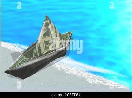 Geldpapierschiff an der Küste mit Wellen Stock Vektor