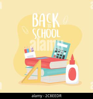 Zurück in die Schule, Taschenrechner Bücher Kleber Lineal Bleistifte Farbe Bildung Cartoon Vektor Illustration Stock Vektor