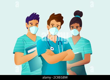 Wichtige medizinische Mitarbeiter, Krankenschwestern und Arzt, tragen Gesichtsmasken. Vektor Personen Illustration. Stock Vektor