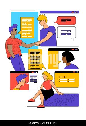 Berufstätige kommunizieren, treffen und chatten über webbasierte Videokonferenzen. Team-Events Vektor Menschen Illustration. Stock Vektor