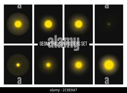 Geometrische Sonnenplatzen-Poster-Kollektion. Die Sonnenstrahlen Rahmen mit dünnen Strahlen verschiedener Arten Vektor-Illustrations gesetzt Stock Vektor