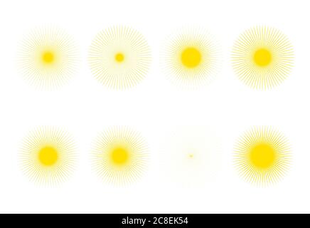 Geometrische Sunburst-Kollektion. Die Sonnenstrahlen Rahmen mit dünnen Strahlen verschiedener Arten Vektor-Illustrations gesetzt Stock Vektor