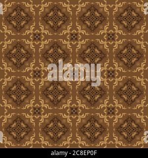 Elegante Blumenmotive auf Kawung Batik Design mit modernem goldenem Farbdesign. Stock Vektor