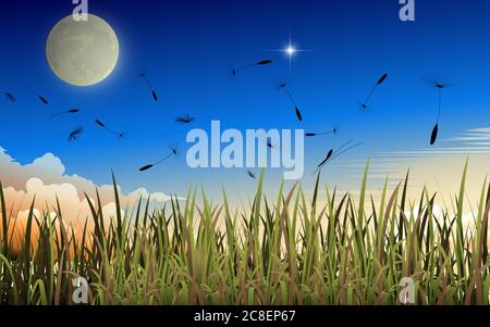 Landschaft von Löwenzahn schwimmt auf dem grünen Gras am Morgen Stock Vektor