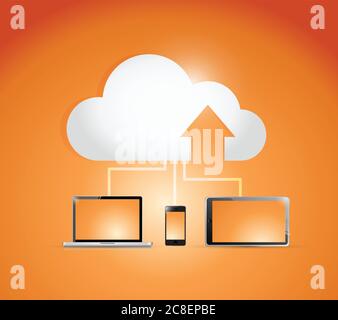 Cloud Computing und Elektronik. Illustration Design auf einem orangen Hintergrund Stock Vektor