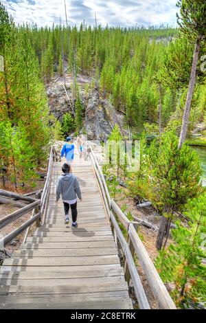 Wyoming, USA - 24. August 2019: Besucher, die eine Holztreppe hinunter zum Firehole River im Yellowstone National Park, Wyoming, USA, gehen. Der Fluss fließt Stockfoto