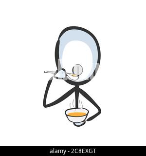 Suppe mit Löffel aus der Schüssel essen. Vektor einfache stickman kein Gesicht Cliparts Cartoon. Von Hand gezeichnet. Doodle Skizze, grafische Illustration Stock Vektor