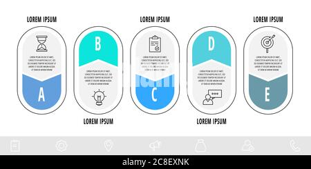 Vektor-Infografiken Pfeile mit 5 Beschriftungen. Vorlage für Linie flach. Kann für fünf Diagramme verwendet werden, Web, Banner, Flussdiagramm, Info-Grafik, Inhalt, Ebenen Stock Vektor