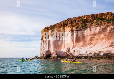 Eine geführte Kajakfahrt auf der Isla Espirito Santo, Golf von Kalifornien, BCS, Mexiko, vor der Küste unter den hohen Sandsteinklippen. Stockfoto