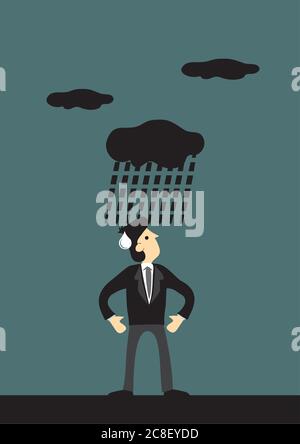 Verärgerter Mann im Geschäftsanzug, der auf ihn herabschauende dunkle Wolken ansah. Kreative konzeptionelle Vektor Cartoon Illustration für Pech oder Pech. Stock Vektor