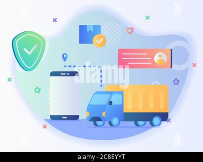 LKW folgenden Zeiger Position mit App Smartphone Hintergrund Box Paket Profil Empfänger Adresse Schild Konzept der Abholung Lieferort mit Stock Vektor