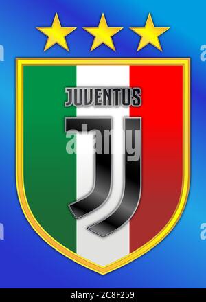 Italien, Fußballmeisterschaft 2019-2020, Juventus-Meister Italiens, Teamlogo auf Schild und drei Goldsterne, grafische Illustration Stock Vektor