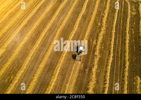 Die landwirtschaftliche Arbeit auf dem Heumähen - der alte Traktor mit den Spuren des Rostes entfernt früher das Heu und bildet die runden Wölfe des Strohs. Luftaufnahme. Stockfoto