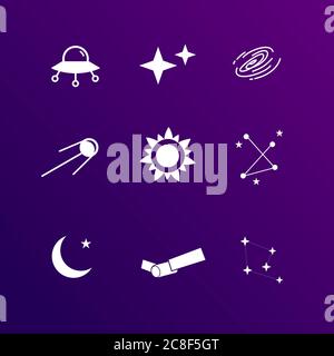 astronomie Symbol Set Vektor, gehören UFO, Sterne, schwarzes Loch, satelitte, Sonne, Umriss mit Sternen, cresent Mond, flaches Design einfach Stock Vektor