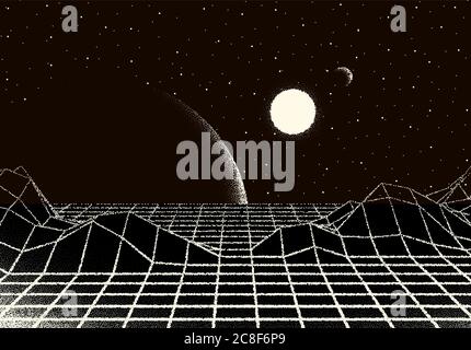 Retro-Dotwork-Landschaft mit 80er Jahre-Stil Laser-Gitter, Planet, Sonne und Sterne Hintergrund aus alten Sci-Fi-Buch oder Poster Stock Vektor