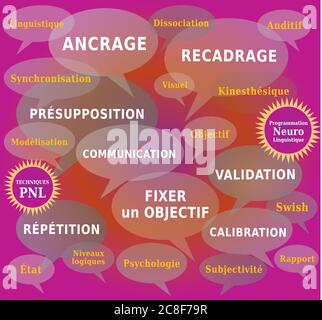 NLP Word Cloud, Techniken und Tools für Coaching in Dialogboxen - Französische Sprache Stock Vektor