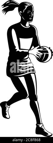 Retro schwarz-weiß Illustration eines Netball-Spieler mit Ball fangen und vorbei von der Seite auf isolierten weißen Hintergrund betrachtet. Stock Vektor
