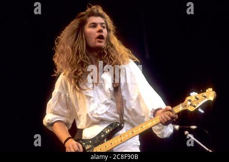 Mark Morris von Bilaam und The Angel live beim Reading Rock Festival 1986 auf der Richfield Avenue. Reading, 22. August 1986 – weltweite Nutzung Stockfoto