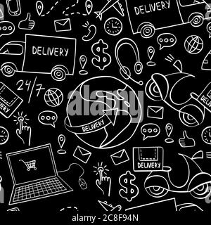 Lieferung Hand gezeichnet nahtloses Muster. Doodle Versandelemente auf schwarzem Hintergrund. Vektorgrafik. Stock Vektor