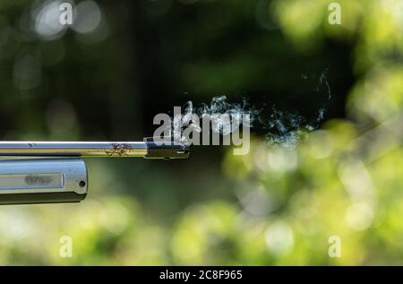 Gas aus der Mündung einer BB-Luftpistole. Stockfoto