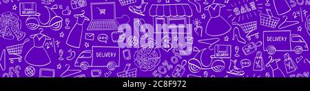 Online-Shopping Hand gezeichnet nahtlose horizontale Grenze. Doodle E-Commerce Hintergrund. Vektorgrafik. Stock Vektor