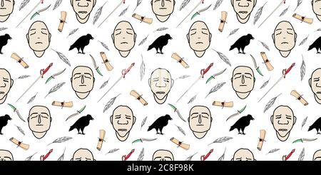 Gesichtsmasken. Menschliche Gesichter auf weißem Hintergrundmuster. Mystik und Hexerei. Magie. Vektorgrafik. Stock Vektor