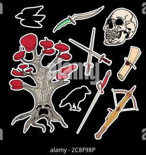 Schädel, Drache, schwarzer Rabe, Dolch. MAGISCHE AUFKLEBER für Halloween. Stock Vektor