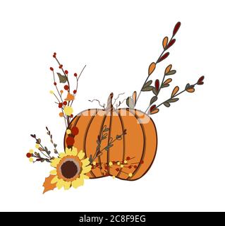 HERBSTKÜRBIS. SYMBOL FÜR ERNTE UND WOHLBEFINDEN. HALLOWEEN. Aufkleber Thanksgiving Day. Stock Vektor
