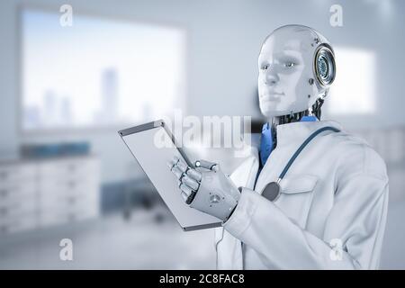 Medizintechnik-Konzept mit 3d-Rendering Arzt Roboter diagnostizieren im Krankenhaus Stockfoto