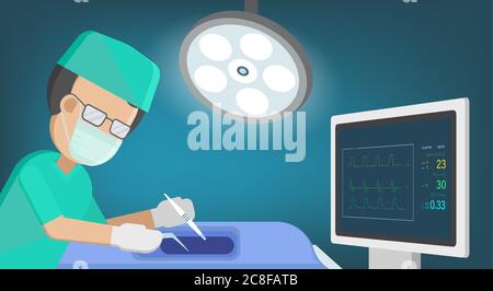 Chirurg mit Monitor in der Chirurgie Raum flach Design Vektor-Illustration Stock Vektor