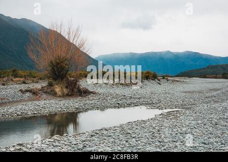 Der Ahaura River an einem bewölkten Tag an der Westküste der Südinsel, Neuseeland Stockfoto