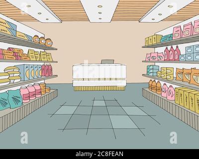 Lebensmittelgeschäft Shop Interieur Farbe Grafik Skizze Illustration Vektor Stock Vektor