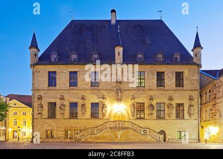 Ort der Unterzeichnung des Westfälischen Friedens, historisches Rathaus Osnabrück am Abend, Deutschland, Niedersachsen, Osnabrück Stockfoto