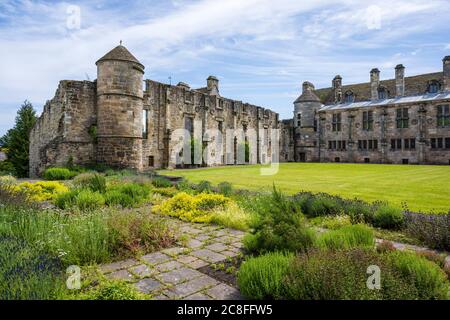 Ruinen der East Range mit restaurierter South Range auf der rechten Seite am Falkland Palace im Dorf Falkland in Fife, Schottland, Großbritannien Stockfoto