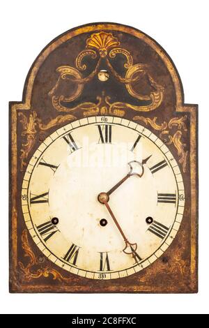 Echte ornamentale Uhr aus dem 17. Jahrhundert isoliert auf weißem Hintergrund Stockfoto