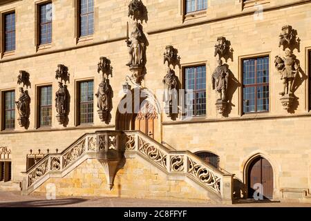 Ort der Unterzeichnung des Westfälischen Friedens, Perron am historischen Rathaus Osnabrück, Deutschland, Niedersachsen, Osnabrück Stockfoto