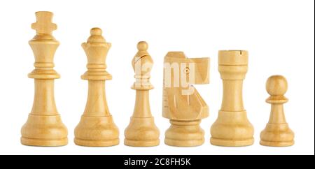Set aus weißen Schachfiguren aus Holz isoliert Stockfoto